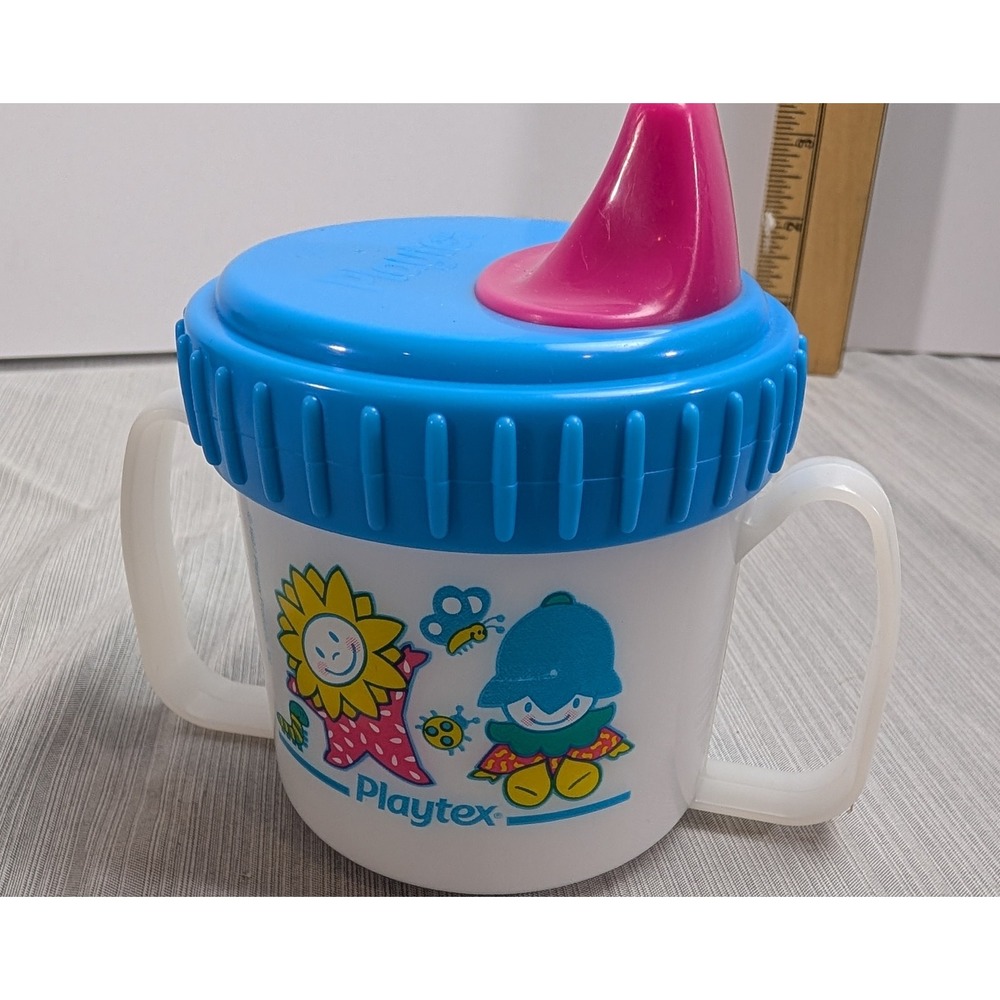 Playtex Vintage 1997 Spill Proof Sippy Cup White Blue Pink Plastic Retro Baby - Picture 2 of 5